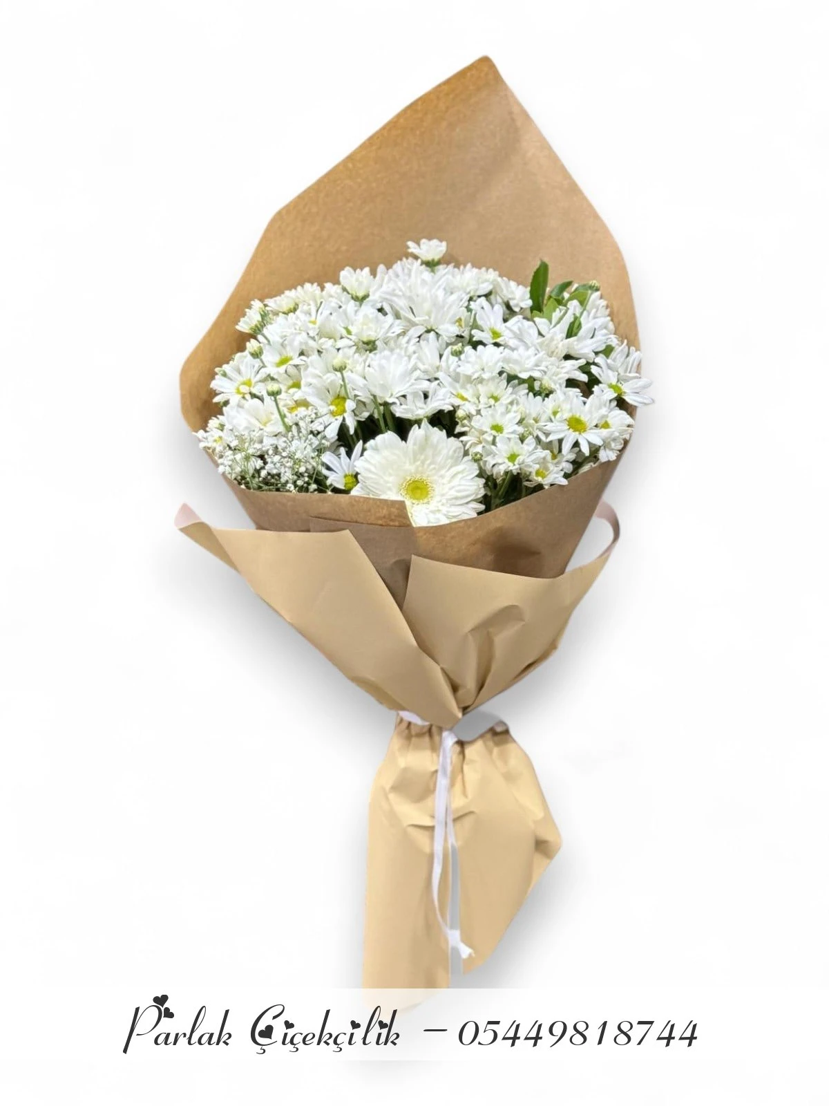 Doğal Kraft Ambalajda Beyaz Papatya Buketi