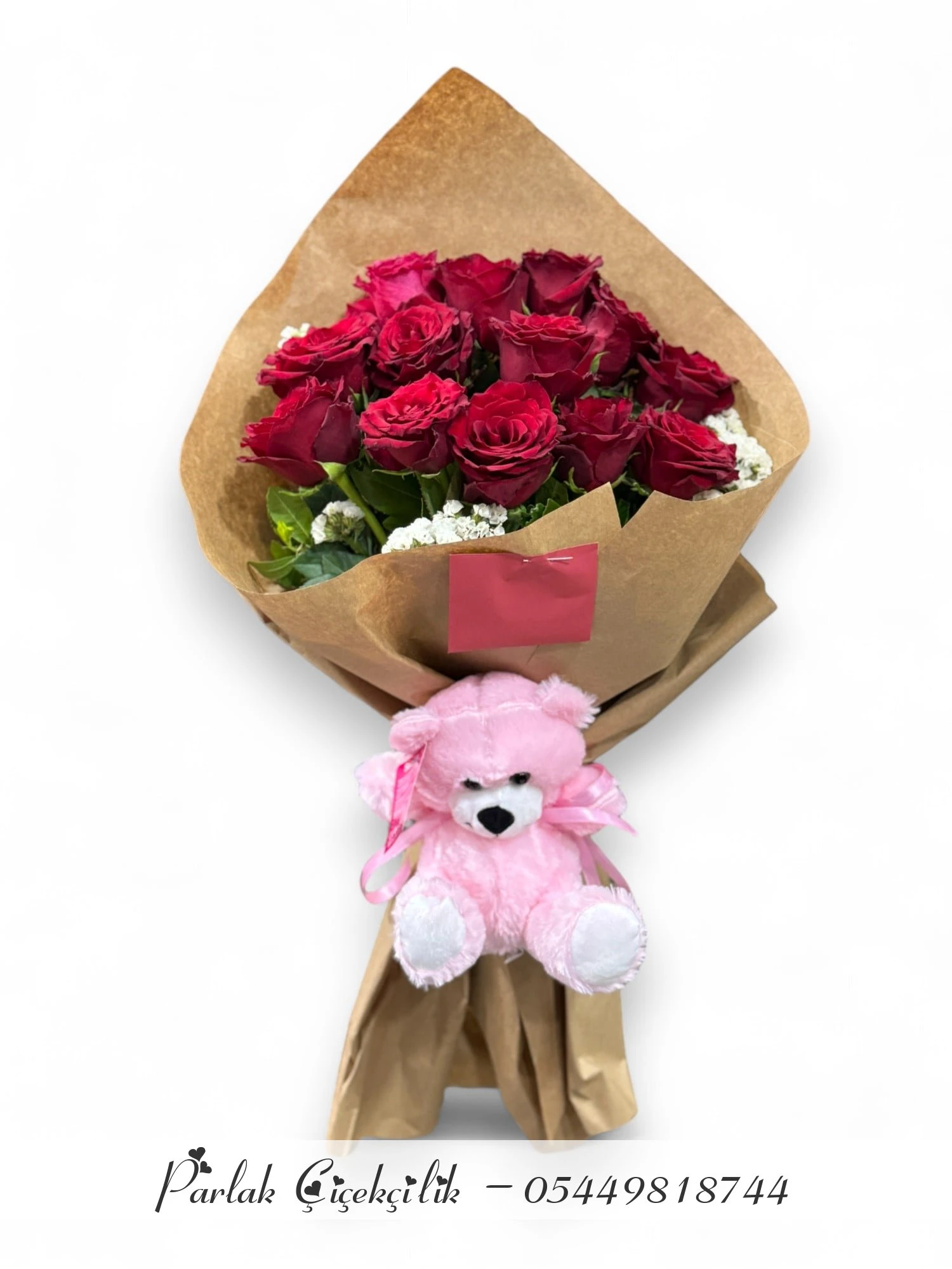Peluş Ayıcıkla Sunulan 15 Kırmızı Güllük Romantik Buket