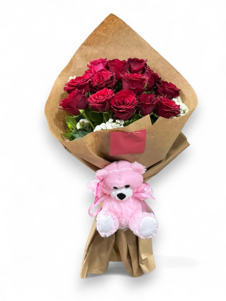 Ayıcık Hediyeli 15 Kırmızı Gül Buketi