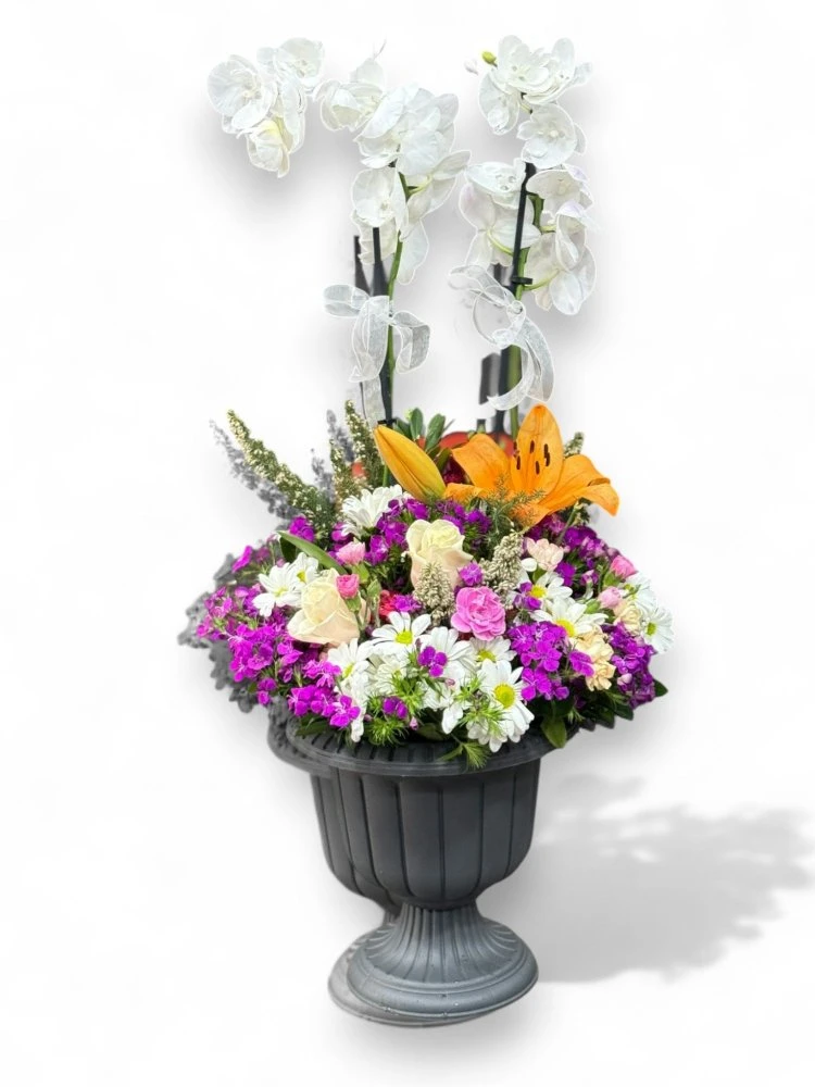 Beyaz Orkide ve Renkli Bahar Çiçekleri Aranjmanı