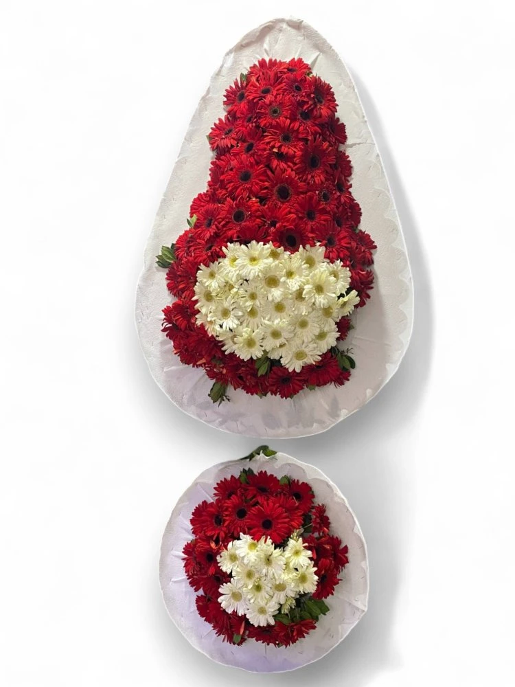 Kırmızı Beyaz Gerbera Ile Hazırlanmış İkili Açılış Ve Düğün Çelengi