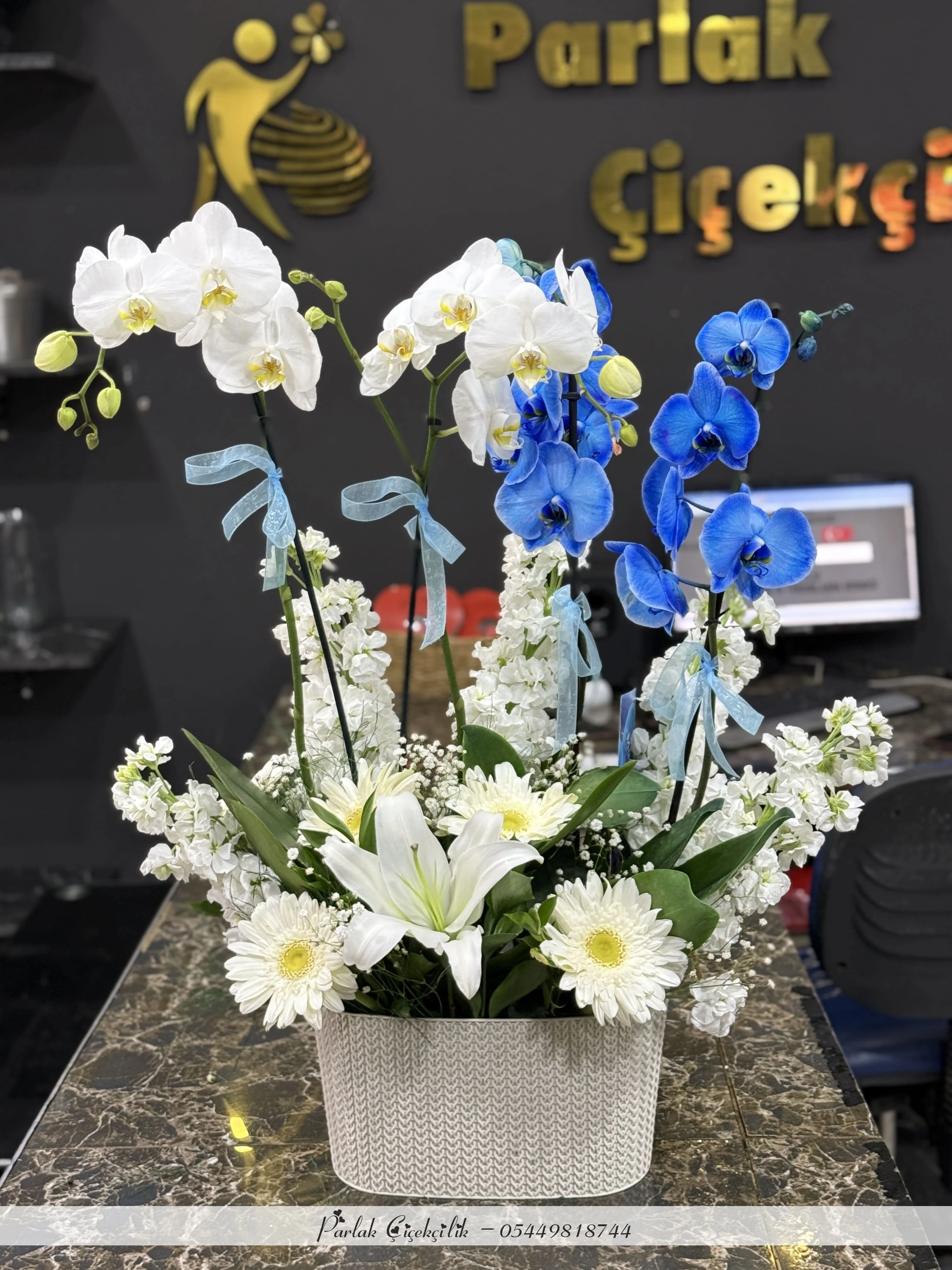 Mavi Ve Beyazın Zarif Uyumu Orkide Aranjmanı