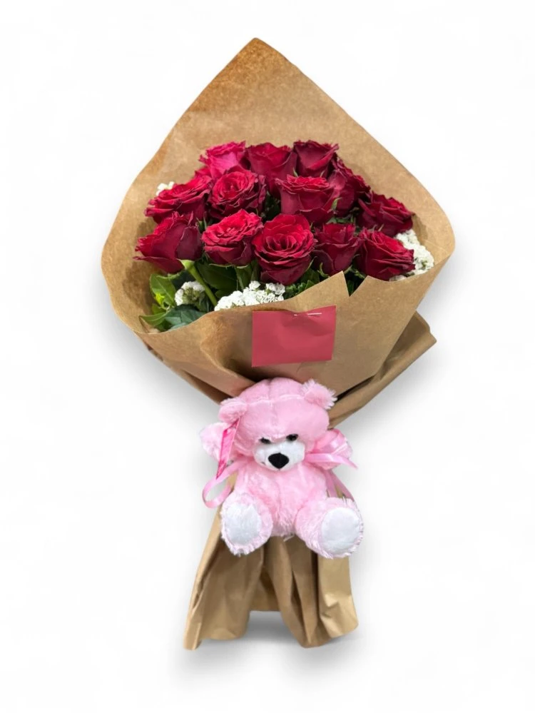 Peluş Ayıcıkla Sunulan 15 Kırmızı Güllük Romantik Buket
